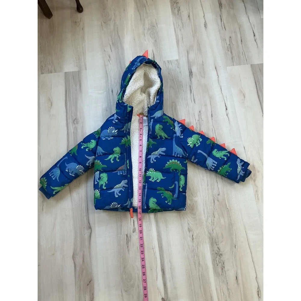 Gymboree Boys Blue Dinosaur Puffer Jacket Sherpa Lined 3D Spikes 4T 3050226